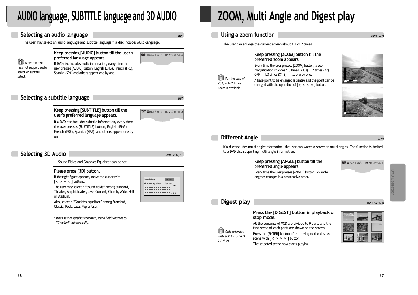 Zoom, multi angle and digest play, Audio language, subtitle language and 3d audio, Using a zoom function | Selecting an audio language, Selecting 3d audio selecting a subtitle language, Different angle digest play | Daewoo DV6T534B User Manual | Page 21 / 28