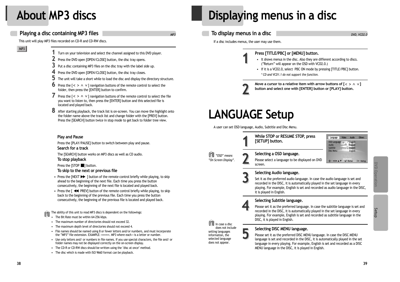 Language setup, Displaying menus in a disc, About mp3 discs | Daewoo DV6T534B User Manual | Page 22 / 28
