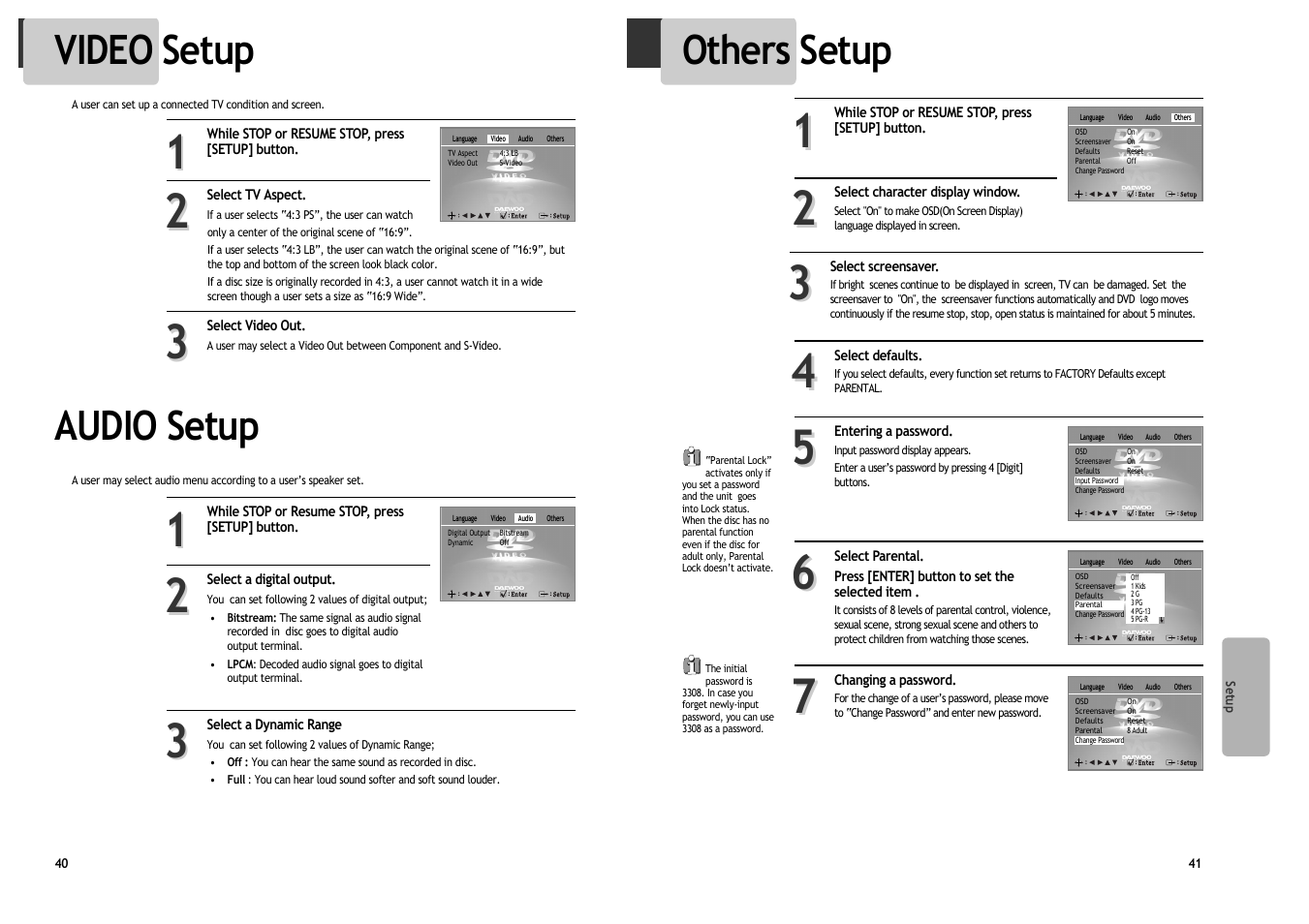 Others setup, Audio setup, Video setup | Daewoo DV6T534B User Manual | Page 23 / 28