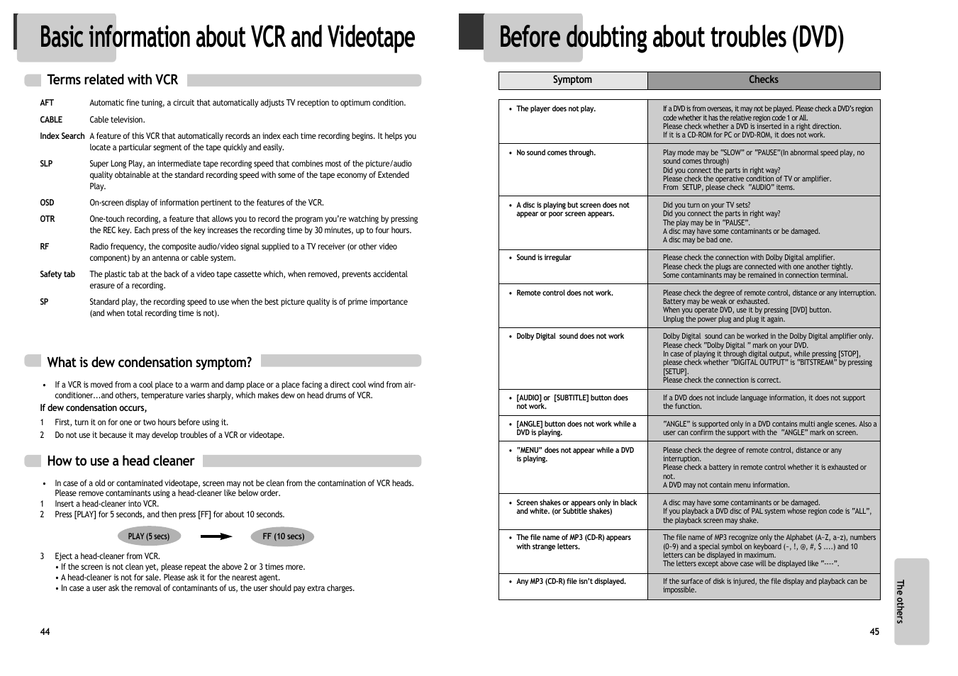 Basic information about vcr and videotape, Before doubting about troubles (dvd), How to use a head cleaner | What is dew condensation symptom, Terms related with vcr | Daewoo DV6T534B User Manual | Page 25 / 28