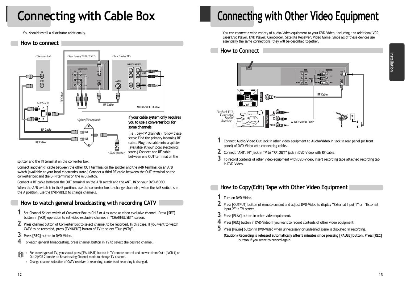 Connecting with cable box, Connecting with other video equipment | Daewoo DV6T534B User Manual | Page 9 / 28