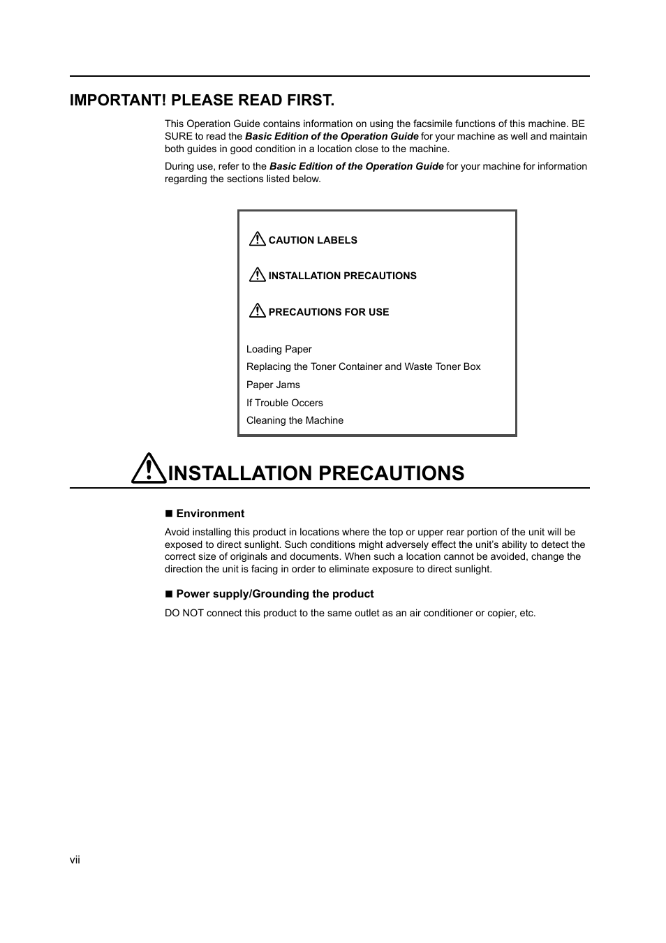 Important! please read first, Installation precautions | TA Triumph-Adler DC 2116 User Manual | Page 12 / 219