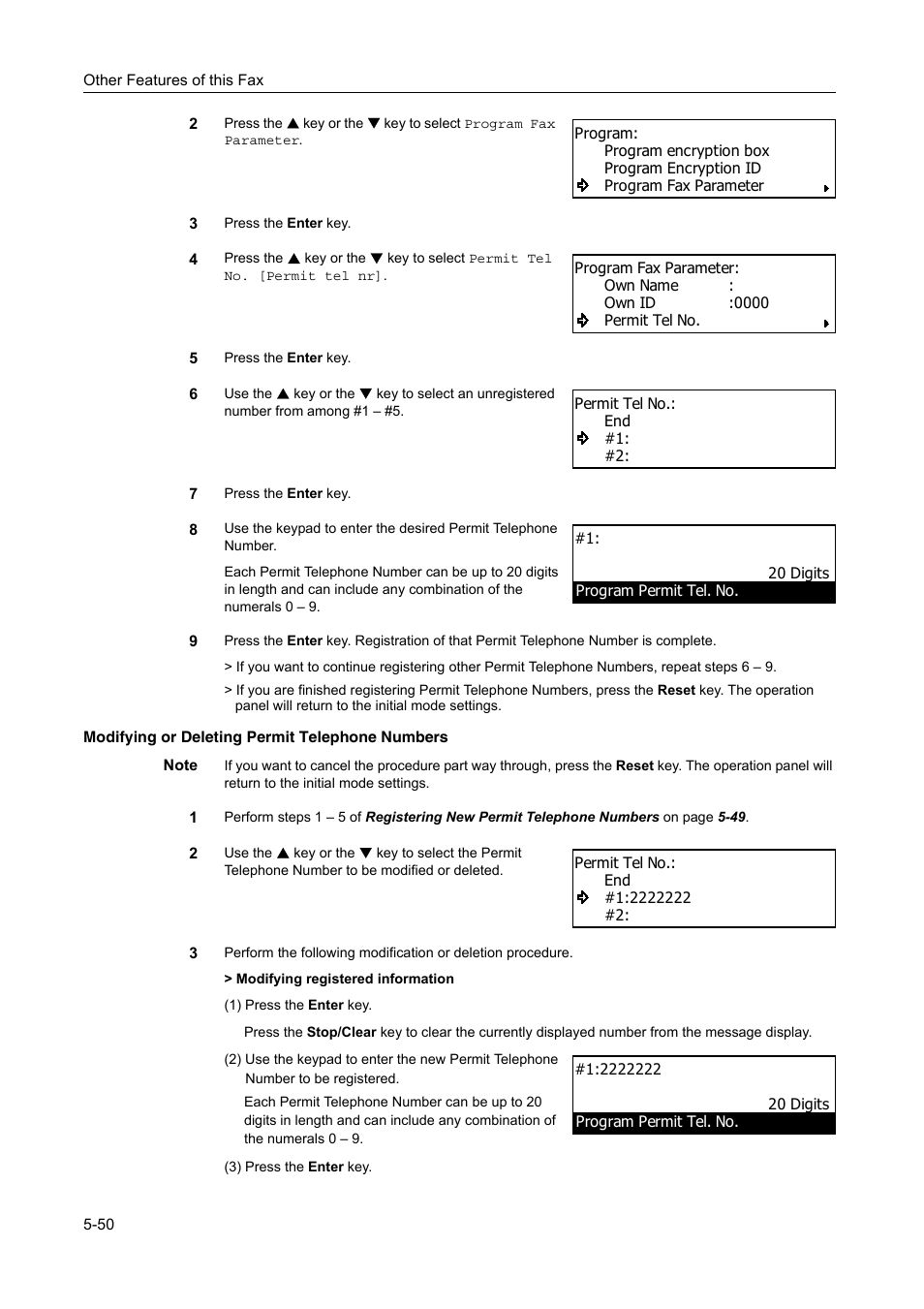 Modifying or deleting permit telephone numbers, Modifying or deleting permit telephone numbers -50 | TA Triumph-Adler DC 2116 User Manual | Page 146 / 219