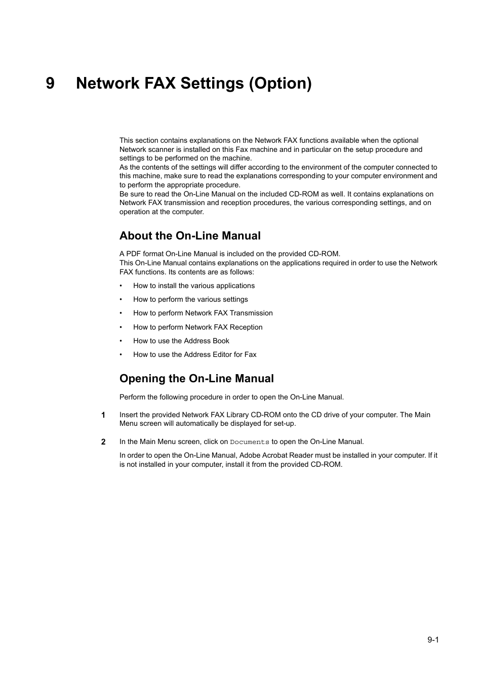 9 network fax settings (option), Network fax settings (option) -1, 9network fax settings (option) | About the on-line manual, Opening the on-line manual | TA Triumph-Adler DC 2116 User Manual | Page 193 / 219