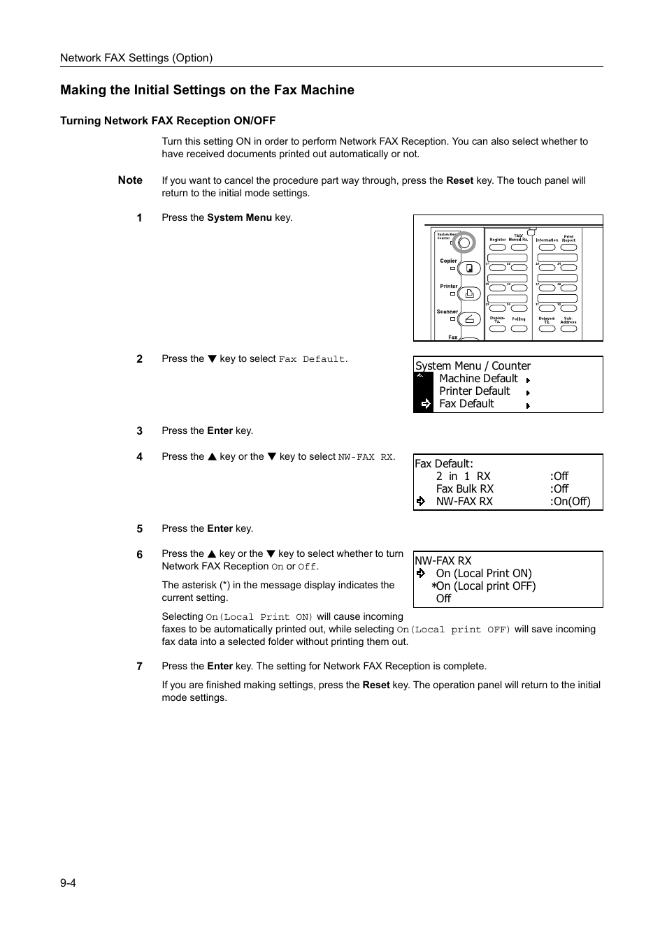 Making the initial settings on the fax machine, Turning network fax reception on/off, Making the initial settings on the fax machine -4 | Turning network fax reception on/off -4 | TA Triumph-Adler DC 2116 User Manual | Page 196 / 219