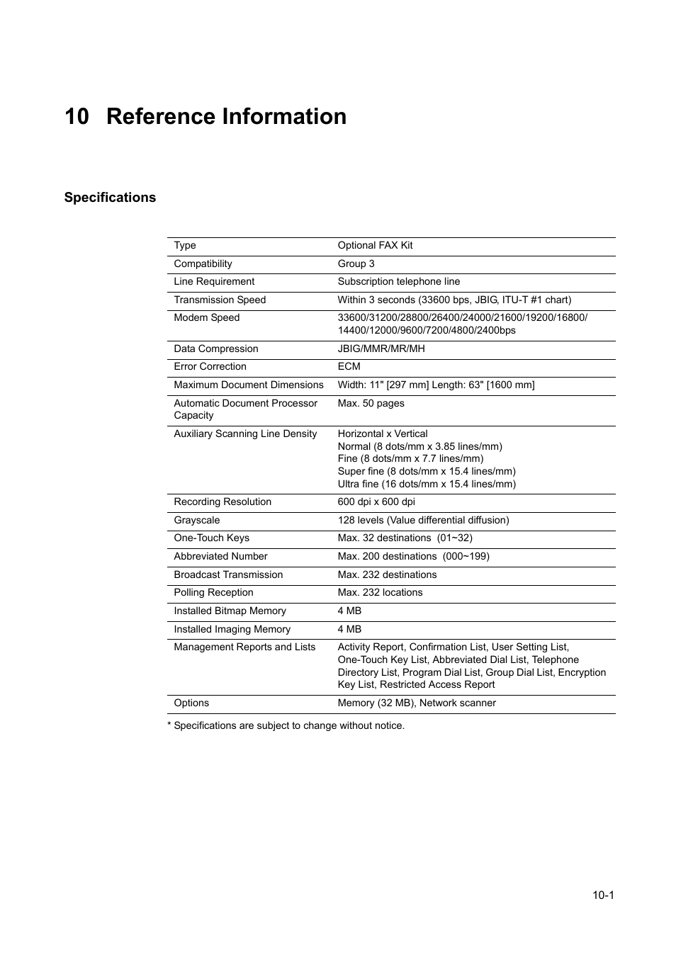 10 reference information, Specifications, 10 reference | Information, Specifications -1 | TA Triumph-Adler DC 2116 User Manual | Page 201 / 219