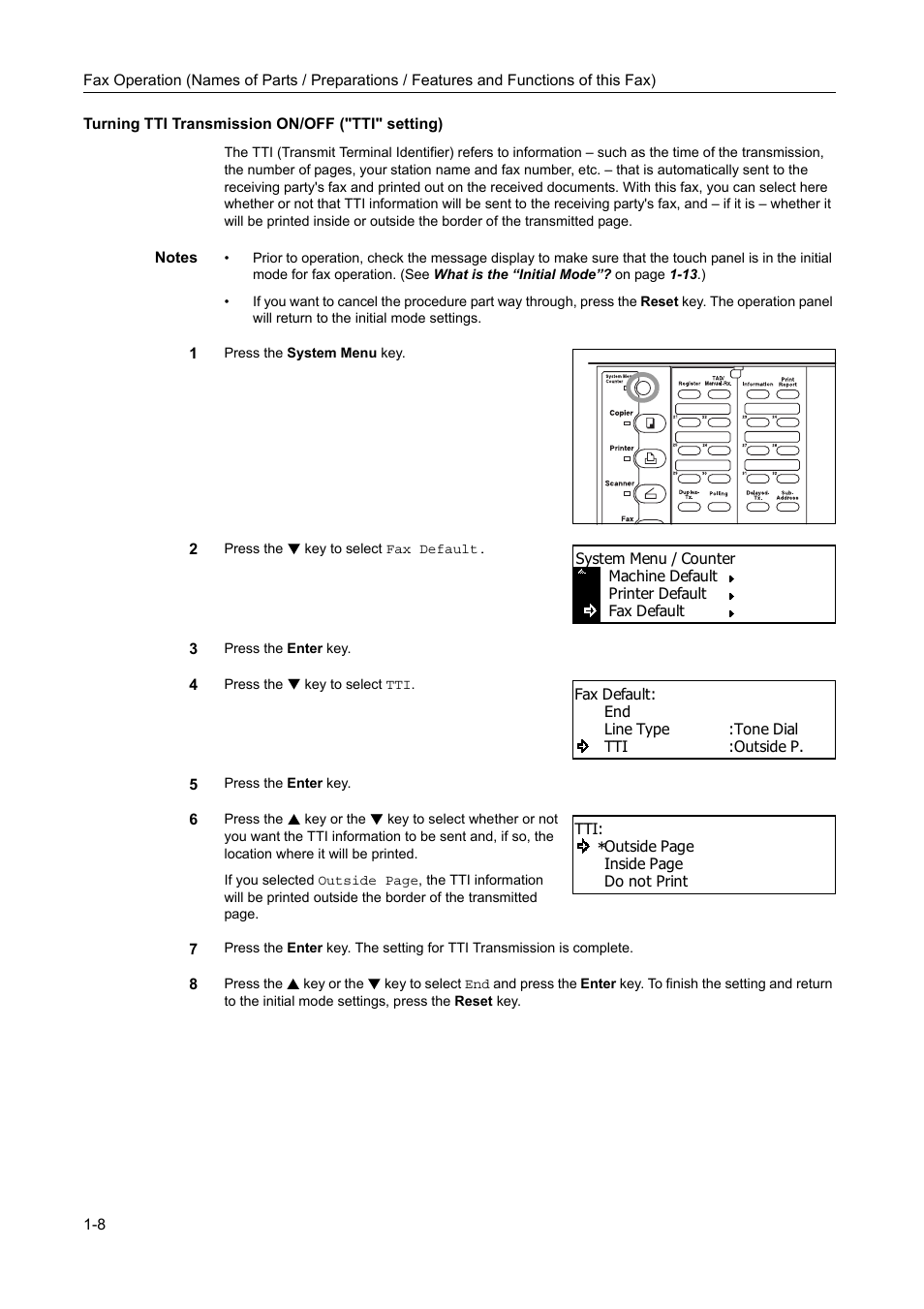 Turning tti transmission on/off ("tti" setting), Turning tti transmission on/off ("tti" setting) -8 | TA Triumph-Adler DC 2116 User Manual | Page 22 / 219