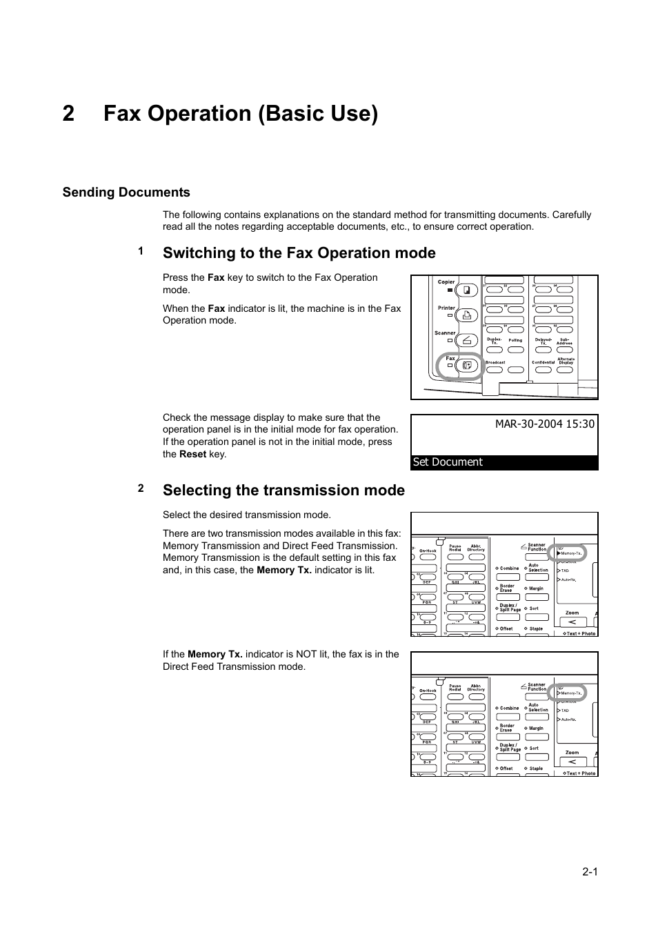 2 fax operation (basic use), Sending documents, Fax operation (basic use) -1 | Sending documents -1, 2fax operation (basic use), Switching to the fax operation mode, Selecting the transmission mode | TA Triumph-Adler DC 2116 User Manual | Page 37 / 219