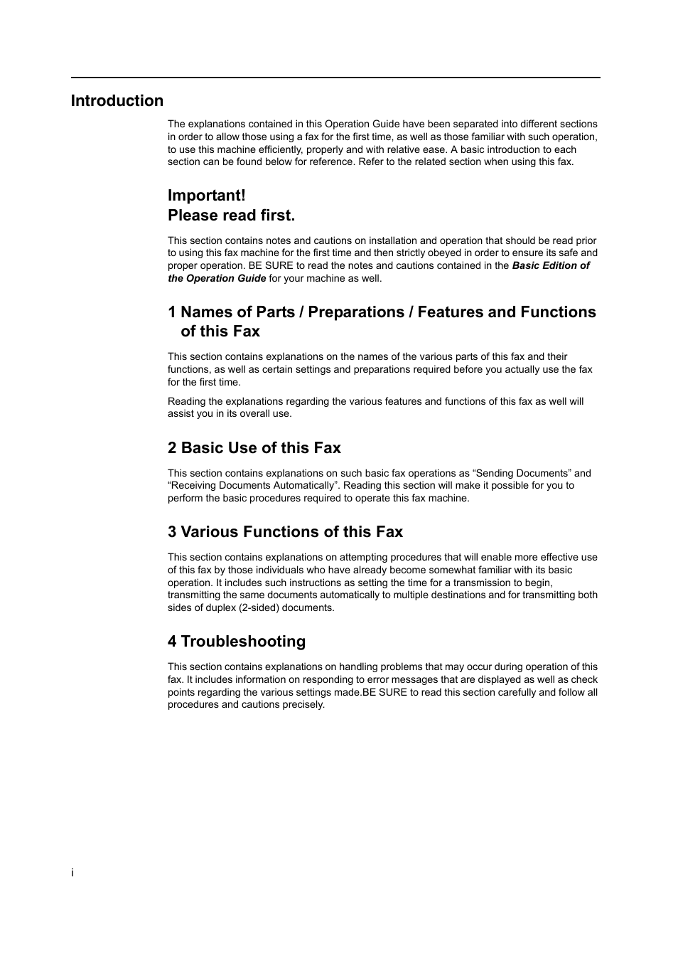 Introduction, Important! please read first, 2 basic use of this fax | 3 various functions of this fax, 4 troubleshooting | TA Triumph-Adler DC 2116 User Manual | Page 6 / 219