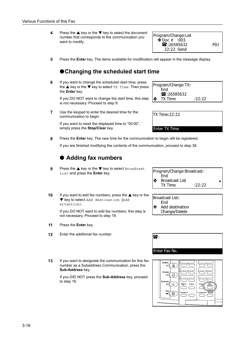 Ochanging the scheduled start time, Oadding fax numbers | TA Triumph-Adler DC 2116 User Manual | Page 84 / 219