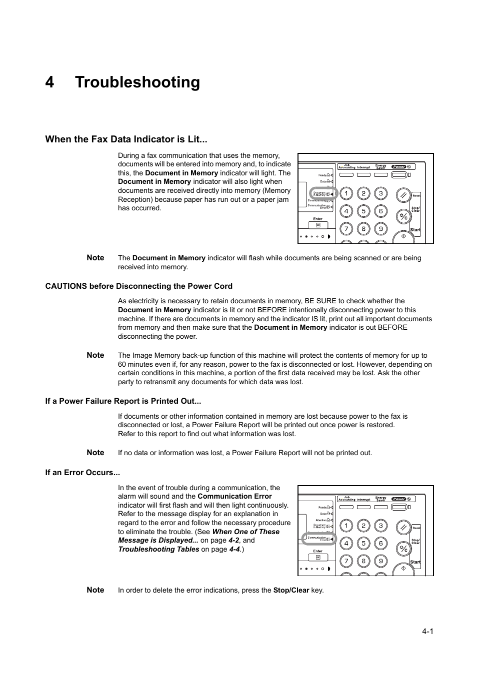 4 troubleshooting, When the fax data indicator is lit, Cautions before disconnecting the power cord | If a power failure report is printed out, If an error occurs, When the fax data indicator is lit -1, 4troubleshooting | TA Triumph-Adler DC 2116 User Manual | Page 91 / 219