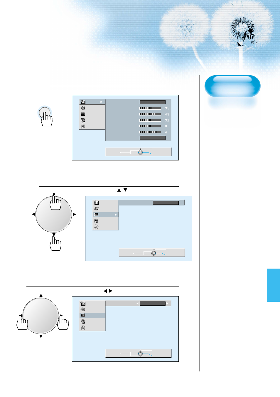 Press the menu button, Select “screen, Select the screen size | Adjusting from menu screen | Daewoo DP-42WM User Manual | Page 35 / 51