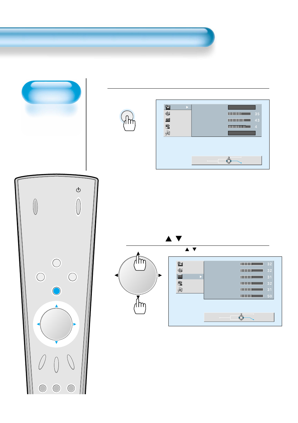 Press the menu button, Press the / button, Adjusting screen position and size | Menu | Daewoo DP-42WM User Manual | Page 36 / 51