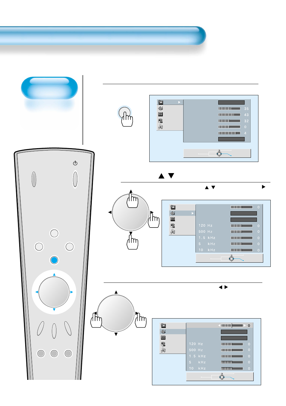 Press the / button, Select sound balance, Press the menu button | Customizing sound mode, Menu | Daewoo DP-42WM User Manual | Page 42 / 51