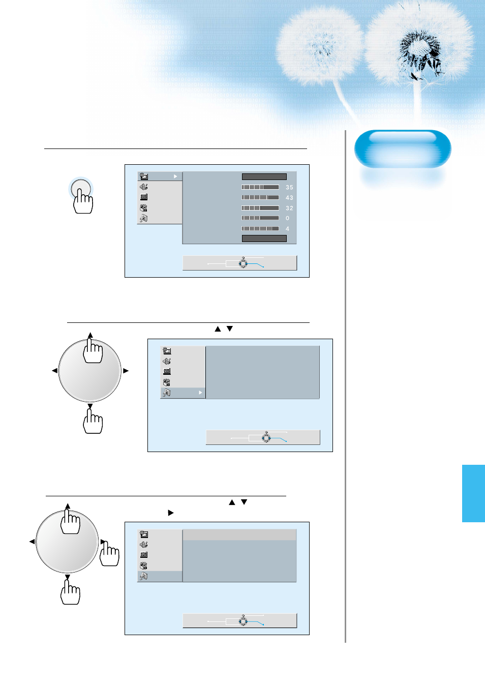 Press the menu button, Select input, Select input signal | Adjusting from the menu screen | Daewoo DP-42WM User Manual | Page 45 / 51