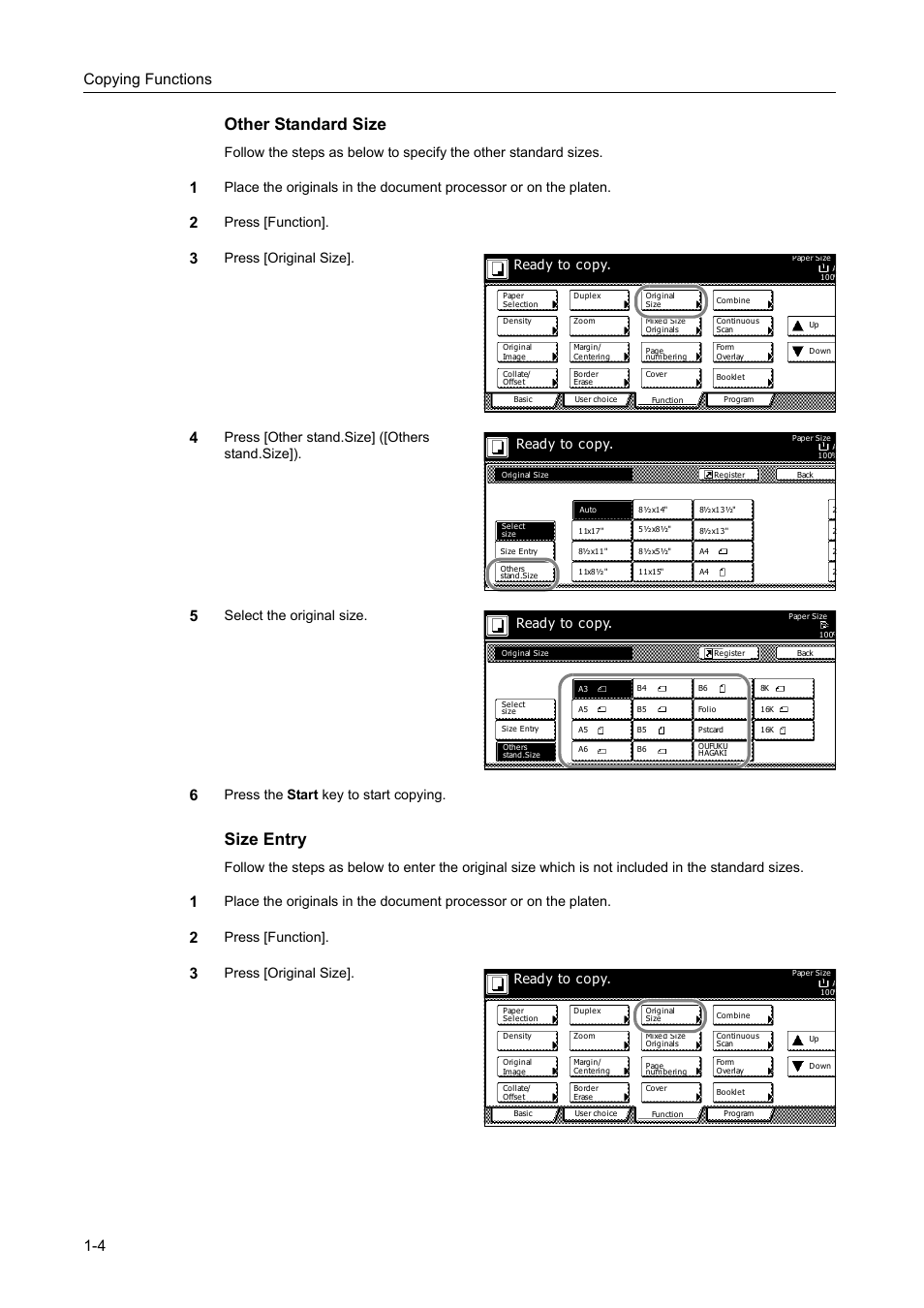 Other standard size, Size entry, Copying functions 1-4 | Press [function, Press [original size, Press [other stand.size] ([others stand.size]), Select the original size, Press the start key to start copying, Press [original size]. ready to copy, Ready to copy | TA Triumph-Adler DC 2162 User Manual | Page 10 / 210