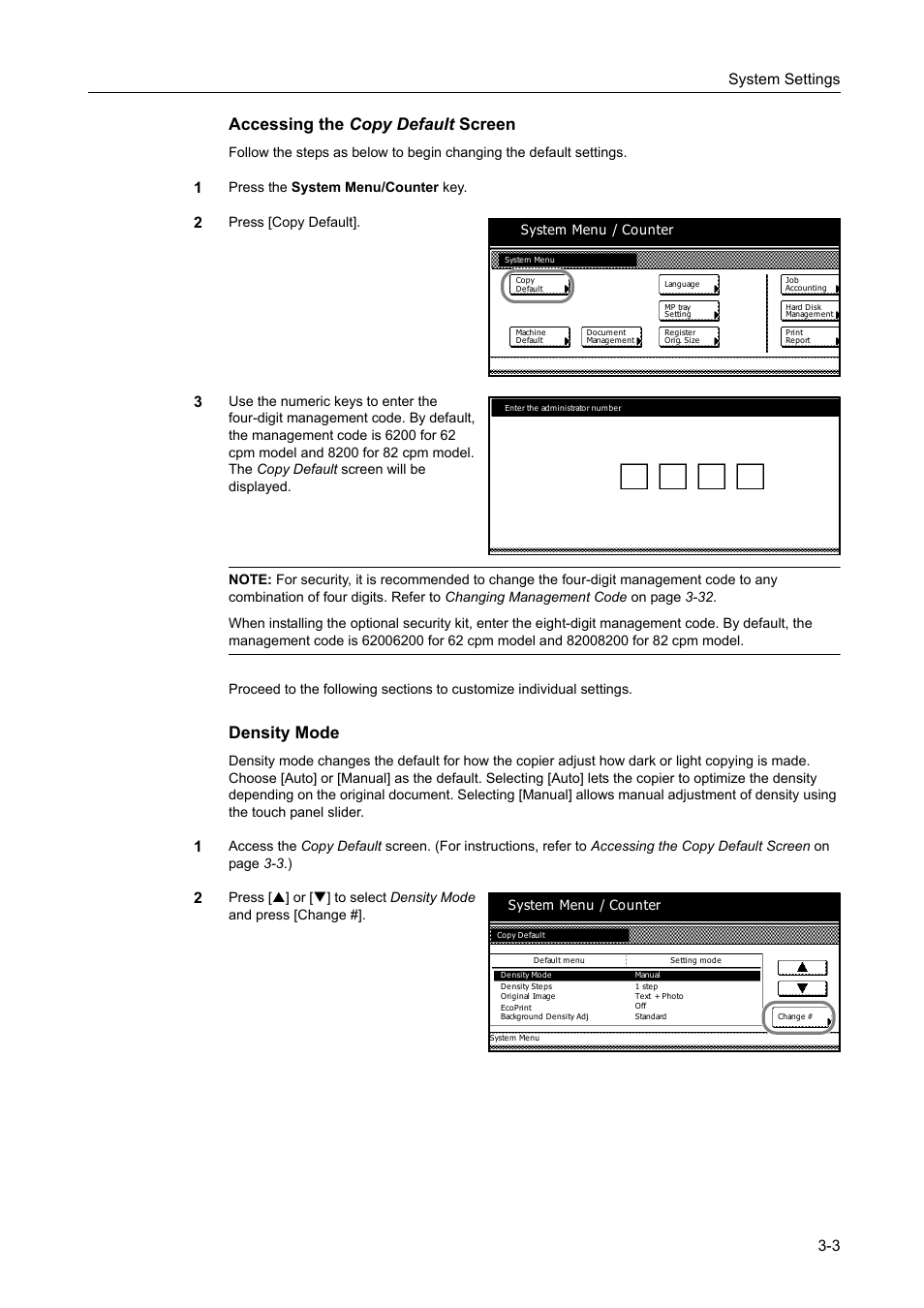 Density mode -3, Accessing the copy default screen, Density mode | System settings 3-3 | TA Triumph-Adler DC 2162 User Manual | Page 103 / 210