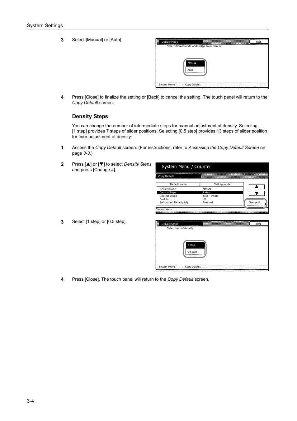 Density steps -4, Density steps, System settings 3-4 3 | Select [manual] or [auto, Select [1 step] or [0.5 step, System menu / counter | TA Triumph-Adler DC 2162 User Manual | Page 104 / 210