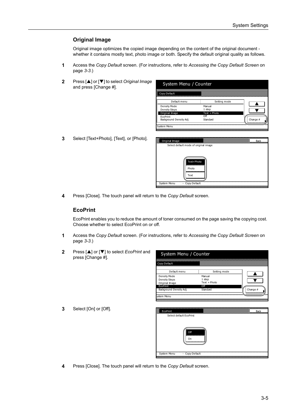 Original image -5, Ecoprint -5, Original image | Ecoprint, System settings 3-5, Select [text+photo], [text], or [photo, Select [on] or [off, System menu / counter | TA Triumph-Adler DC 2162 User Manual | Page 105 / 210