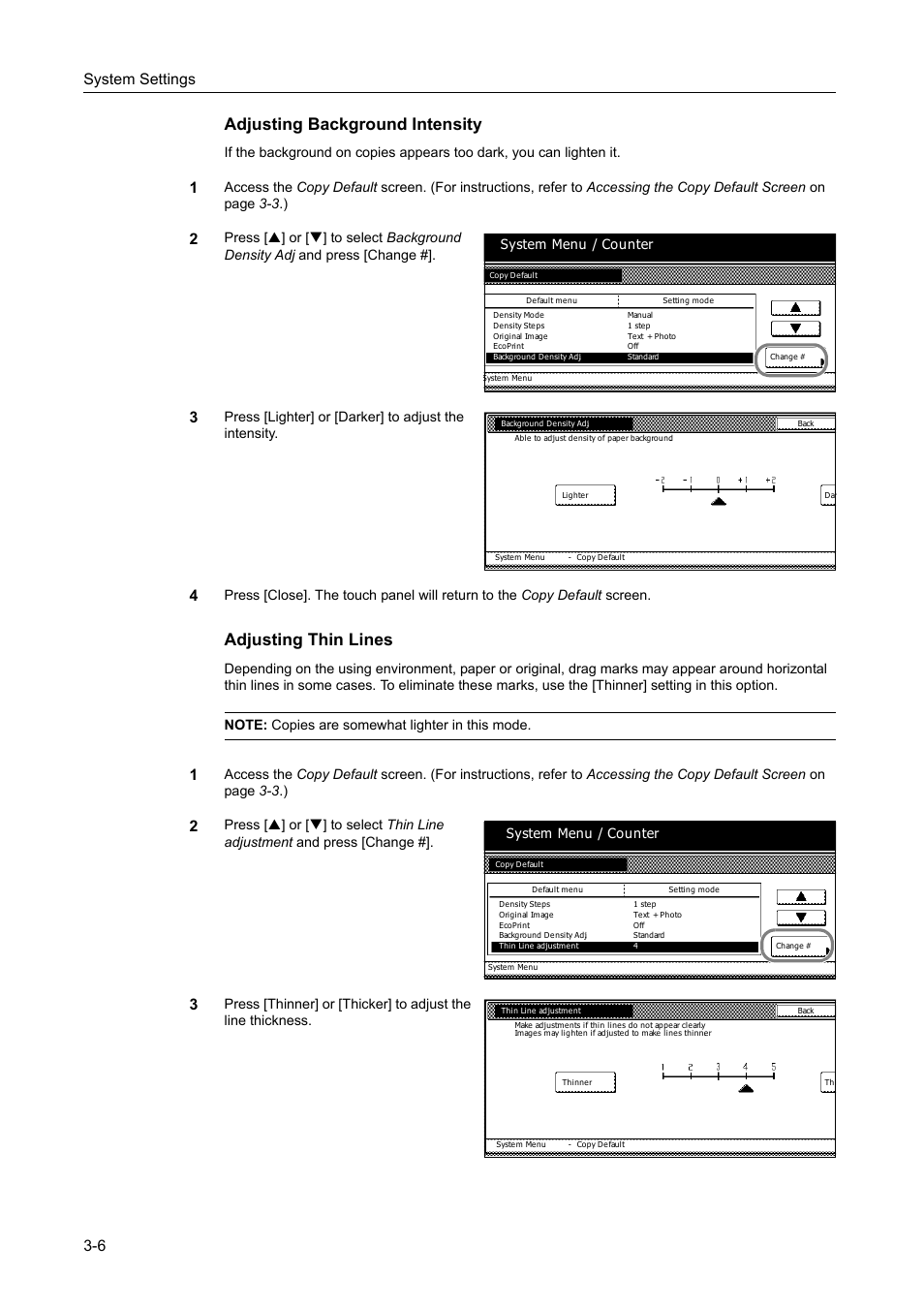Adjusting background intensity -6, Adjusting thin lines -6, Adjusting background intensity | Adjusting thin lines, System settings 3-6, System menu / counter | TA Triumph-Adler DC 2162 User Manual | Page 106 / 210