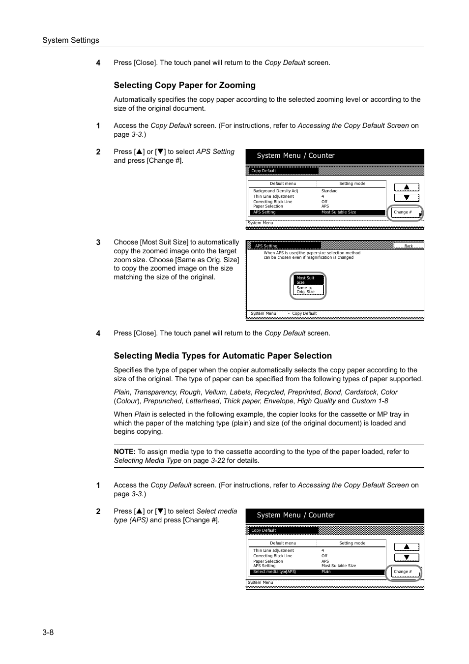 Selecting copy paper for zooming -8, Selecting copy paper for zooming, System settings 3-8 4 | TA Triumph-Adler DC 2162 User Manual | Page 108 / 210