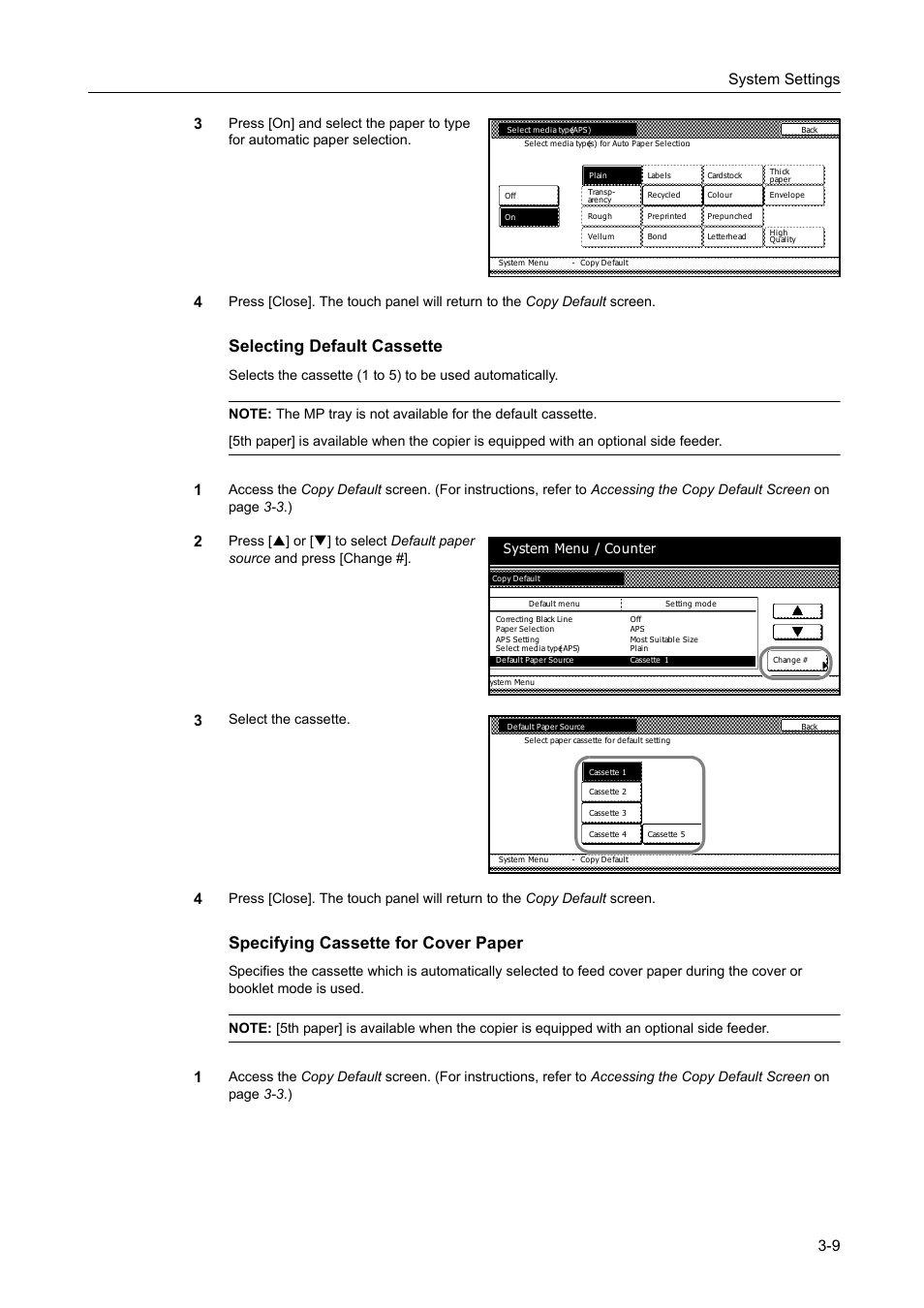 Selecting default cassette -9, Specifying cassette for cover paper -9, Selecting default cassette | Specifying cassette for cover paper, System settings 3-9 3, Select the cassette, System menu / counter | TA Triumph-Adler DC 2162 User Manual | Page 109 / 210