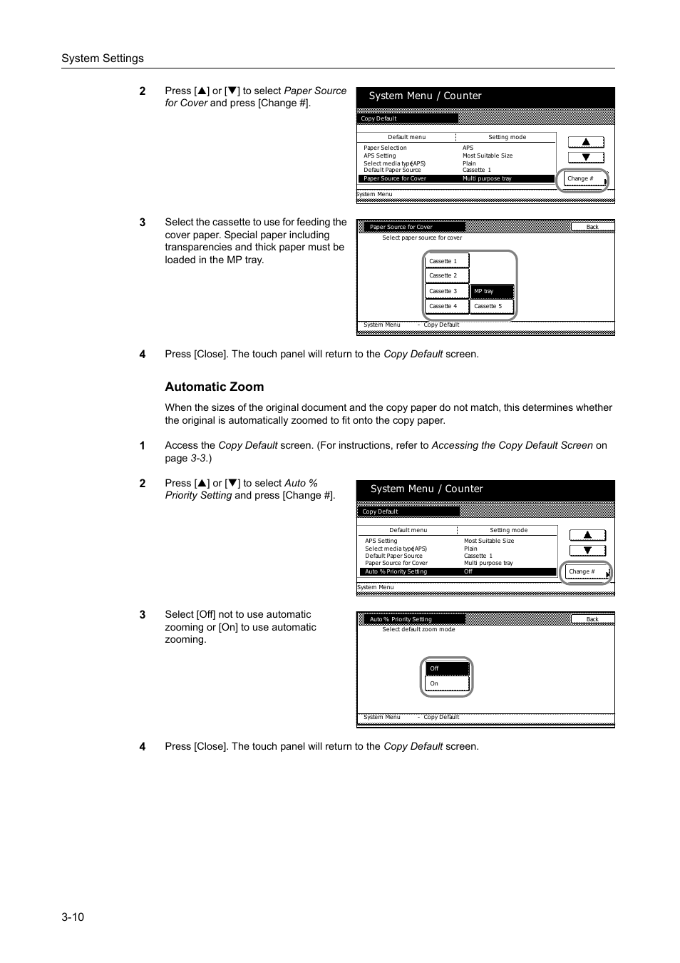 Automatic zoom -10, Automatic zoom, System settings 3-10 2 | System menu / counter | TA Triumph-Adler DC 2162 User Manual | Page 110 / 210