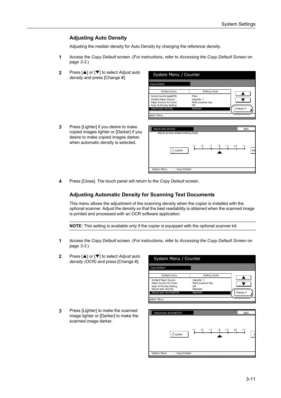 Adjusting auto density -11, Adjusting auto density, System settings 3-11 | System menu / counter | TA Triumph-Adler DC 2162 User Manual | Page 111 / 210