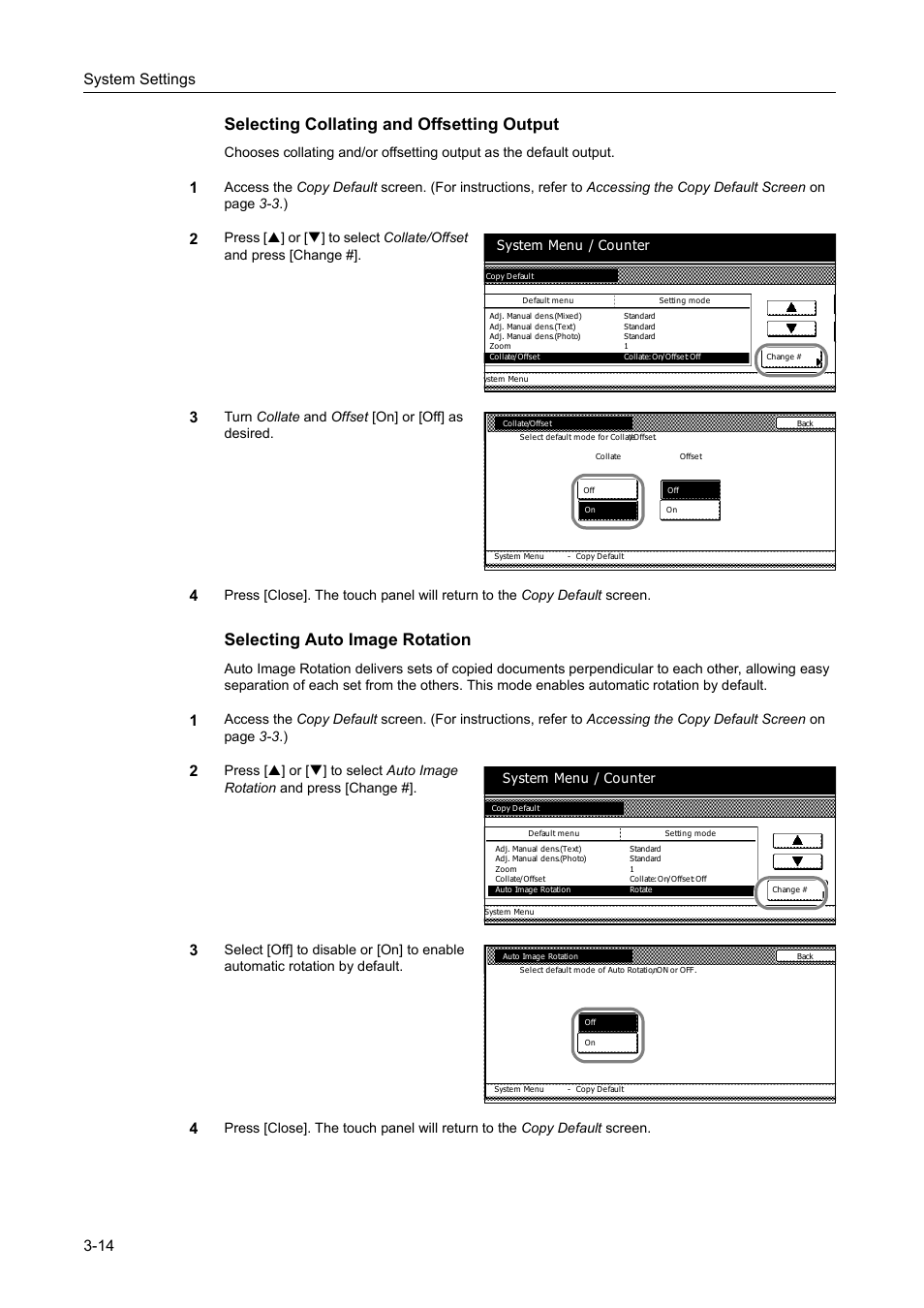 Selecting collating and offsetting output -14, Selecting auto image rotation -14, Selecting collating and offsetting output | Selecting auto image rotation, System settings 3-14, Turn collate and offset [on] or [off] as desired, System menu / counter | TA Triumph-Adler DC 2162 User Manual | Page 114 / 210