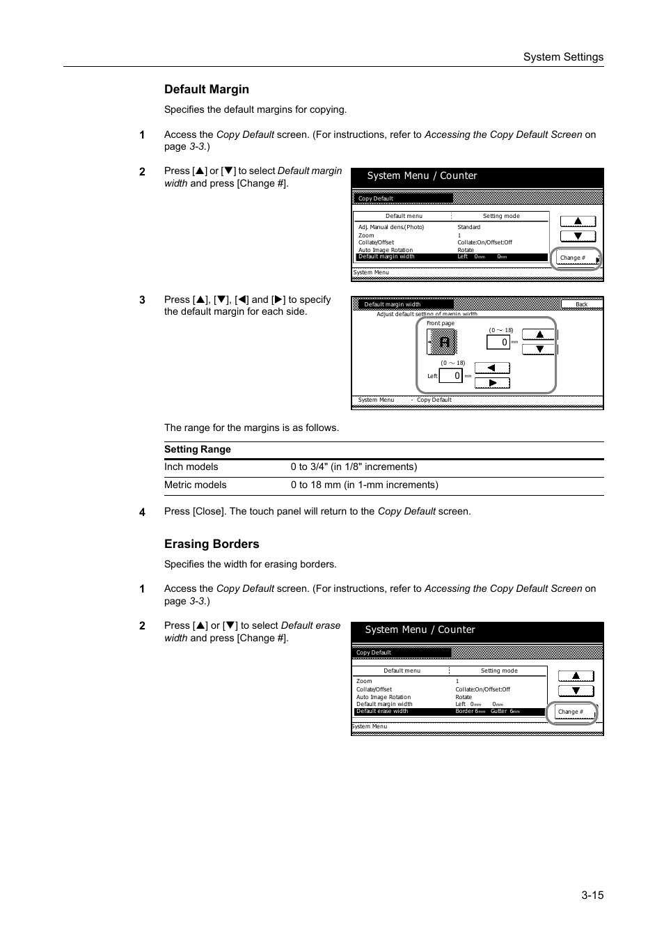 Default margin -15, Erasing borders -15, Default margin | Erasing borders, System settings 3-15, Specifies the default margins for copying, Specifies the width for erasing borders, System menu / counter | TA Triumph-Adler DC 2162 User Manual | Page 115 / 210