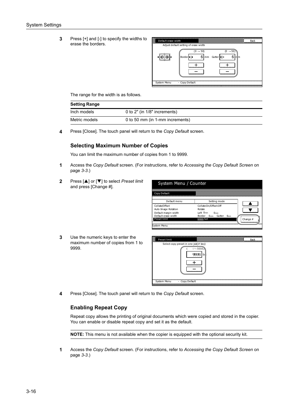 Selecting maximum number of copies -16, Enabling repeat copy -16, Selecting maximum number of copies | Enabling repeat copy, System settings 3-16 3, System menu / counter | TA Triumph-Adler DC 2162 User Manual | Page 116 / 210