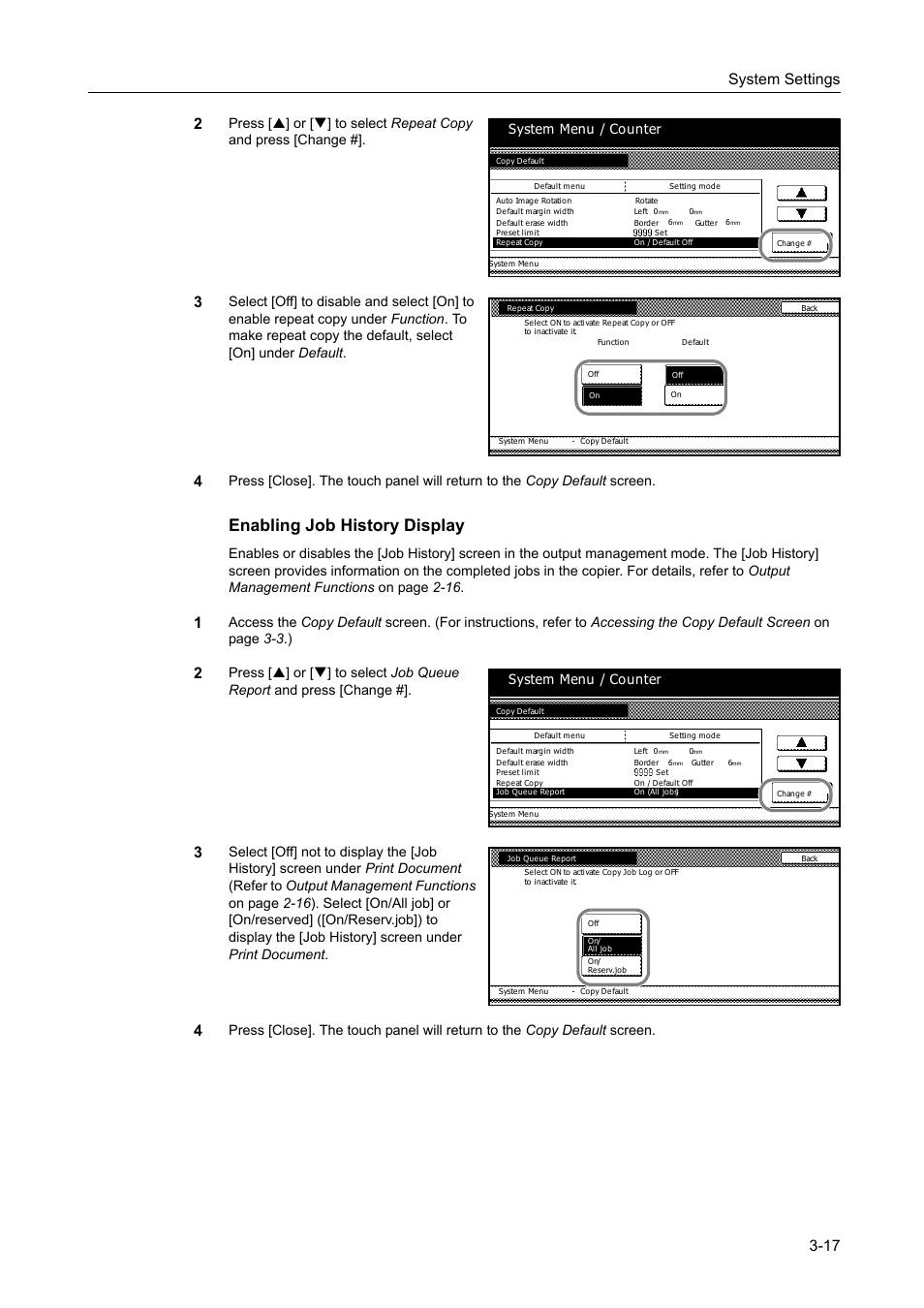 Enabling job history display -17, Enabling job history display, System settings 3-17 2 | System menu / counter | TA Triumph-Adler DC 2162 User Manual | Page 117 / 210