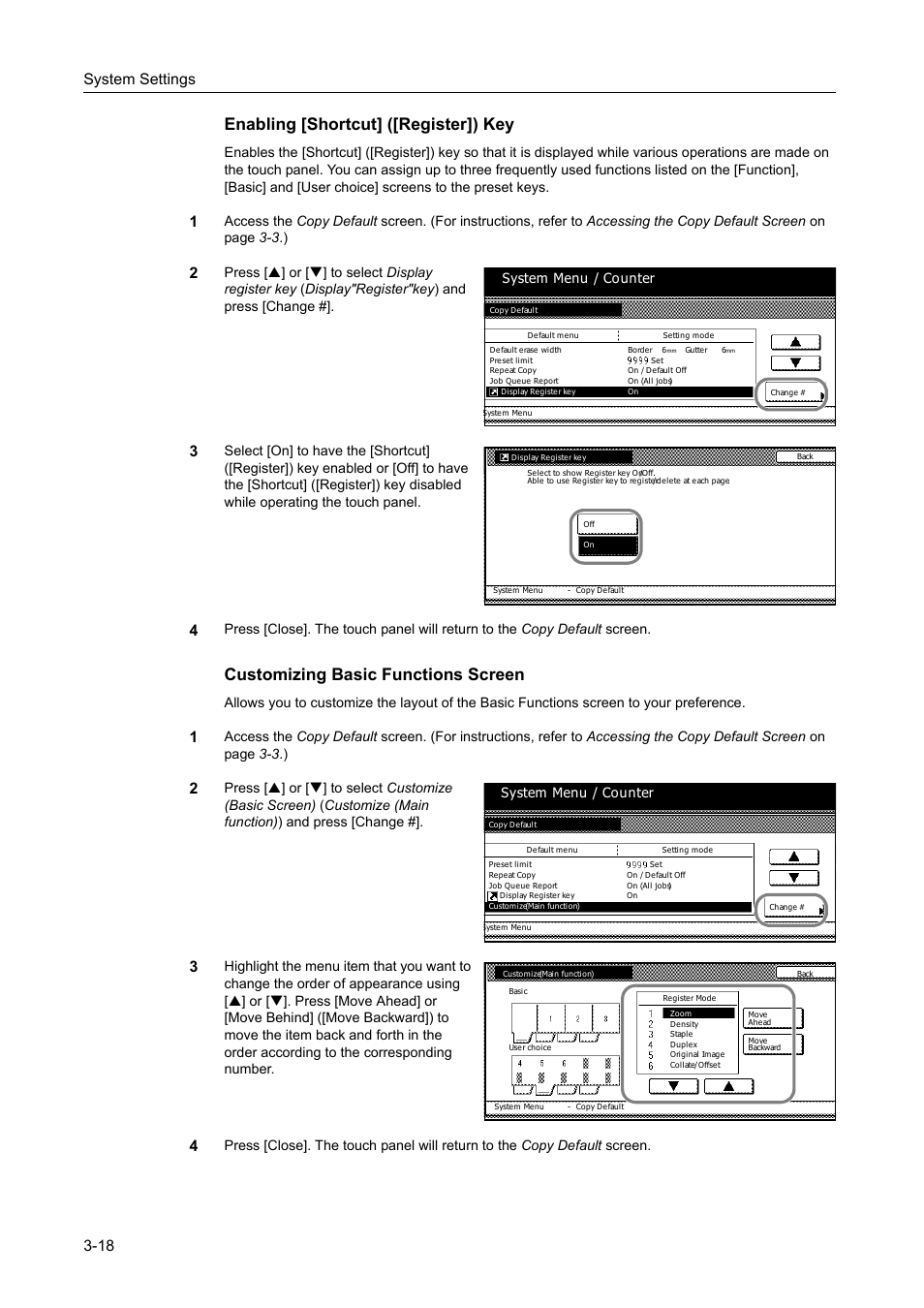 Enabling [shortcut] ([register]) key -18, Customizing basic functions screen -18, Enabling [shortcut] ([register]) key | Customizing basic functions screen, System settings 3-18, System menu / counter | TA Triumph-Adler DC 2162 User Manual | Page 118 / 210