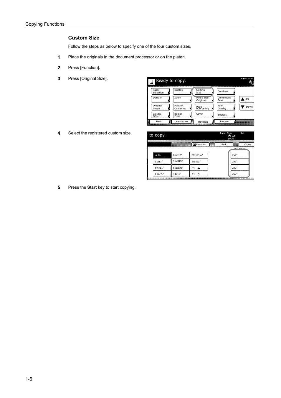 Custom size, Copying functions 1-6, Press [function | Press [original size, Select the registered custom size, Y to copy | TA Triumph-Adler DC 2162 User Manual | Page 12 / 210