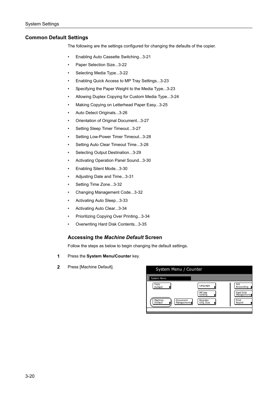 Common default settings, Common default settings -20, Accessing the machine default screen | TA Triumph-Adler DC 2162 User Manual | Page 120 / 210