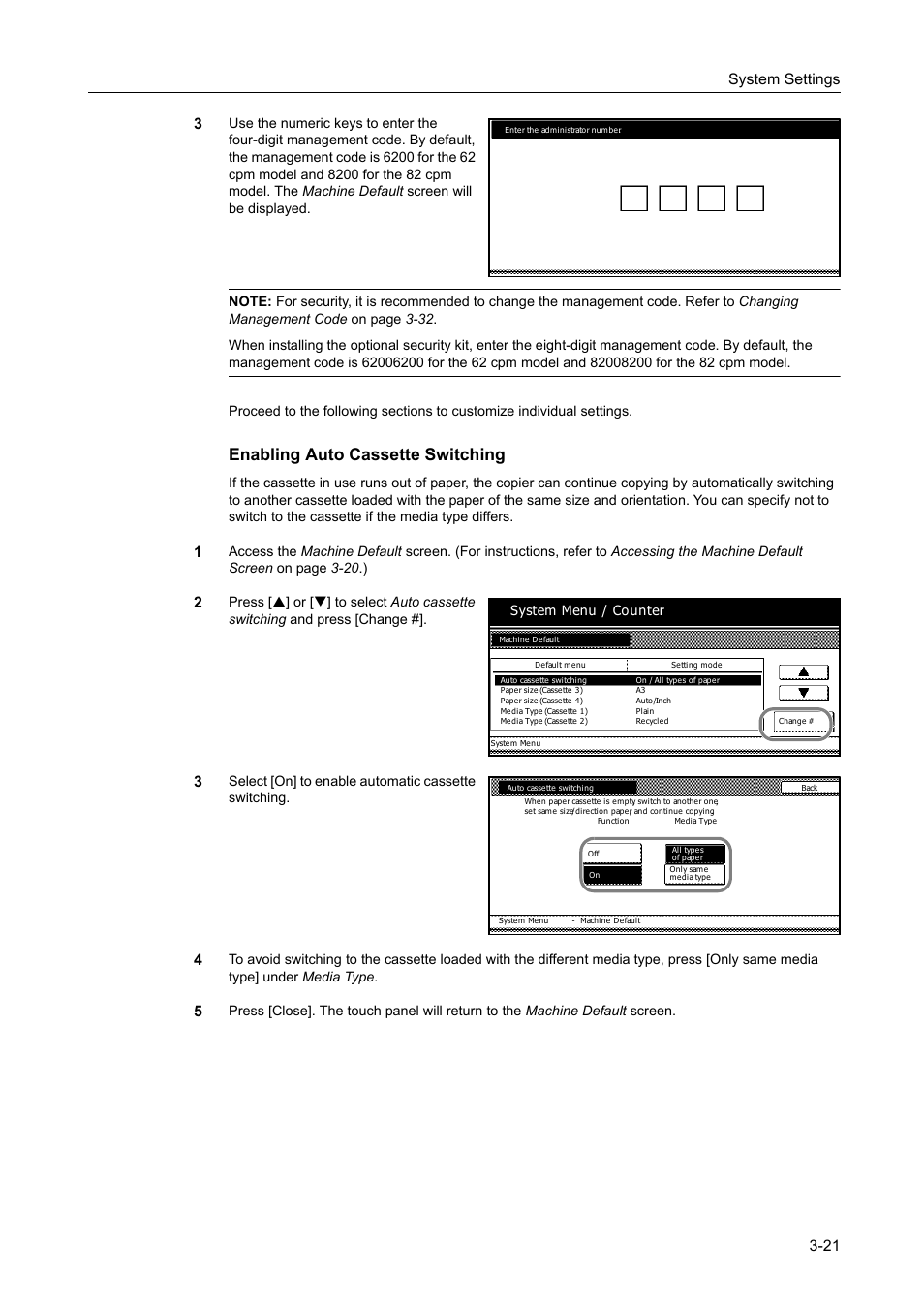 Enabling auto cassette switching -21, Enabling auto cassette switching, System settings 3-21 3 | TA Triumph-Adler DC 2162 User Manual | Page 121 / 210