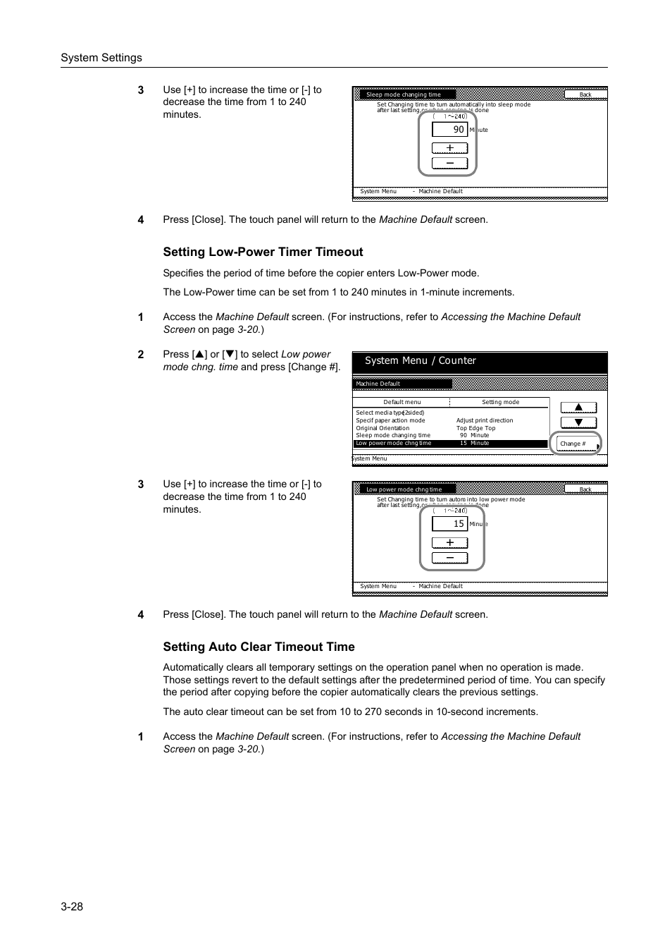 Setting low-power timer timeout -28, Setting auto clear timeout time -28, Setting low-power timer timeout | Setting auto clear timeout time, System settings 3-28 3 | TA Triumph-Adler DC 2162 User Manual | Page 128 / 210