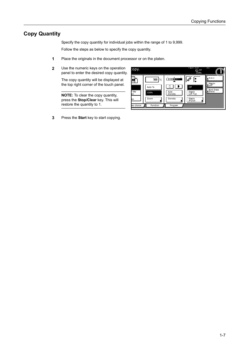 Copy quantity, Copy quantity -7, Copying functions 1-7 | Press the start key to start copying. copy | TA Triumph-Adler DC 2162 User Manual | Page 13 / 210