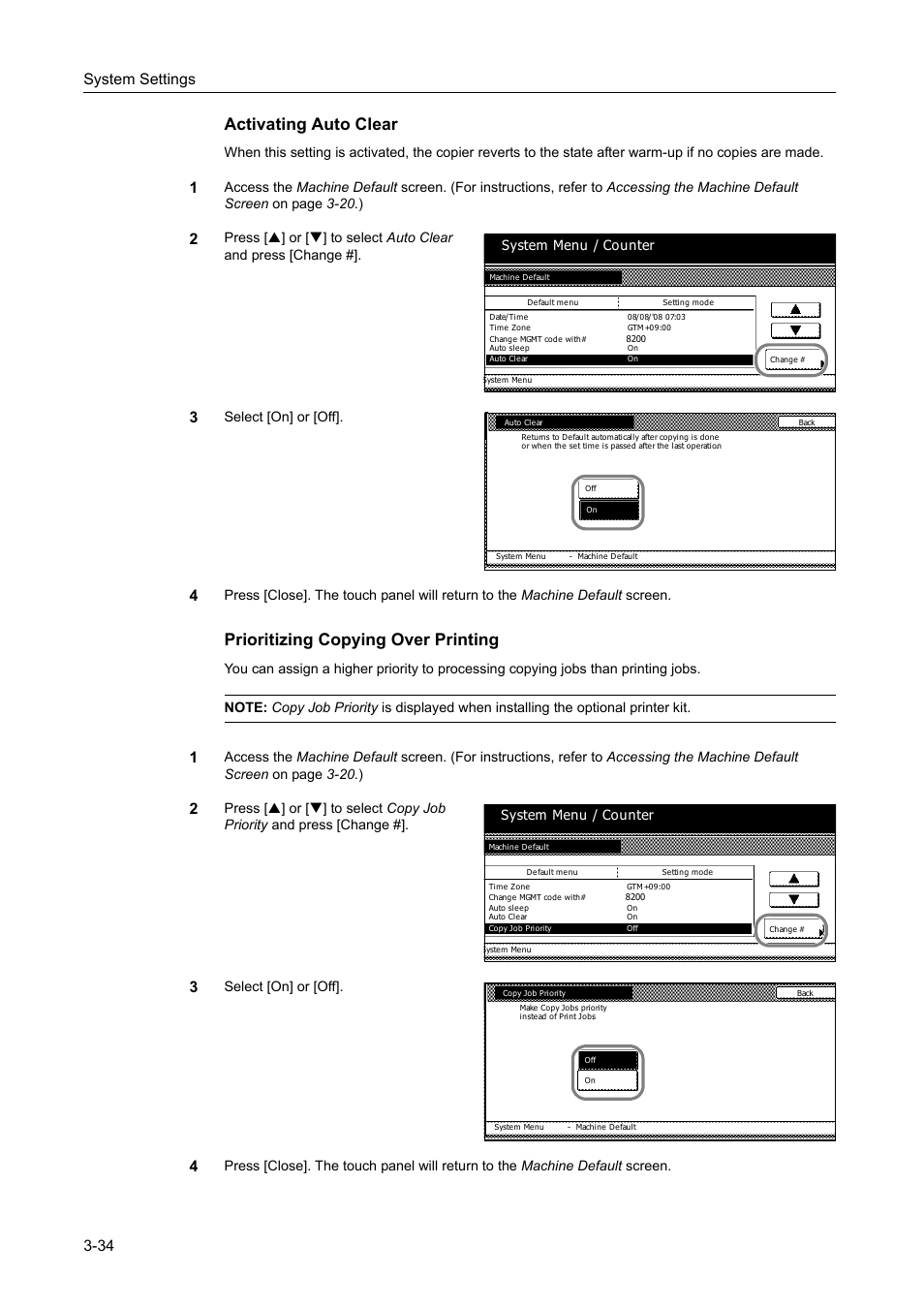 Activating auto clear -34, Prioritizing copying over printing -34, Activating auto clear | Prioritizing copying over printing, System settings 3-34, Select [on] or [off, System menu / counter | TA Triumph-Adler DC 2162 User Manual | Page 134 / 210