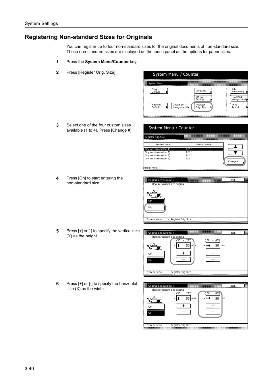 Registering non-standard sizes for originals, Registering non-standard sizes for originals -40, System settings 3-40 | Press the system menu/counter key, Press [register orig. size, Press [on] to start entering the non-standard size, System menu / counter | TA Triumph-Adler DC 2162 User Manual | Page 140 / 210