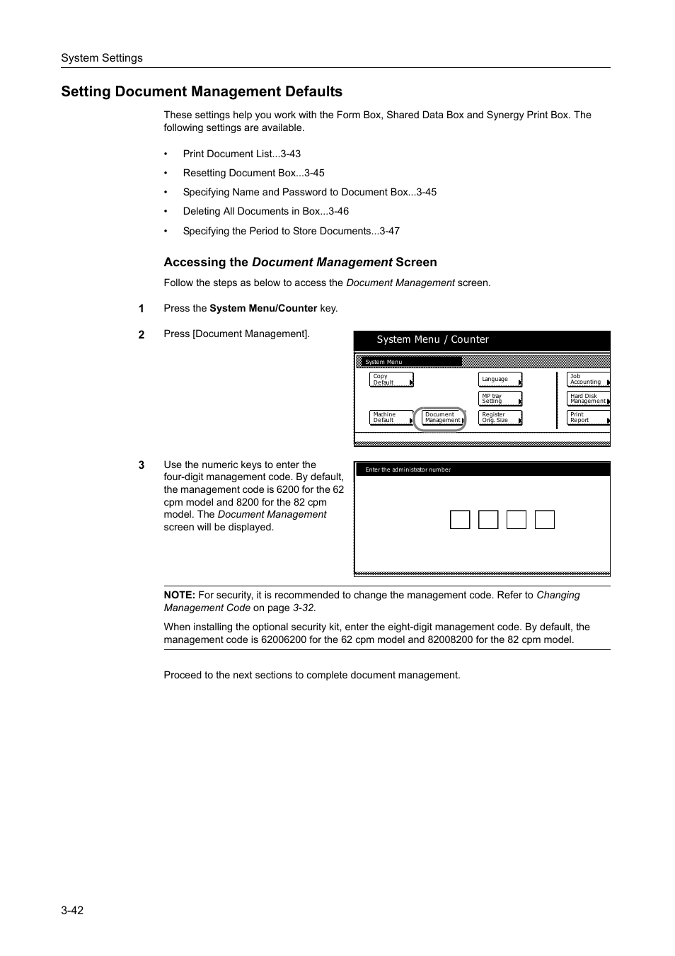 Setting document management defaults, Setting document management defaults -42, Accessing the document management screen | TA Triumph-Adler DC 2162 User Manual | Page 142 / 210