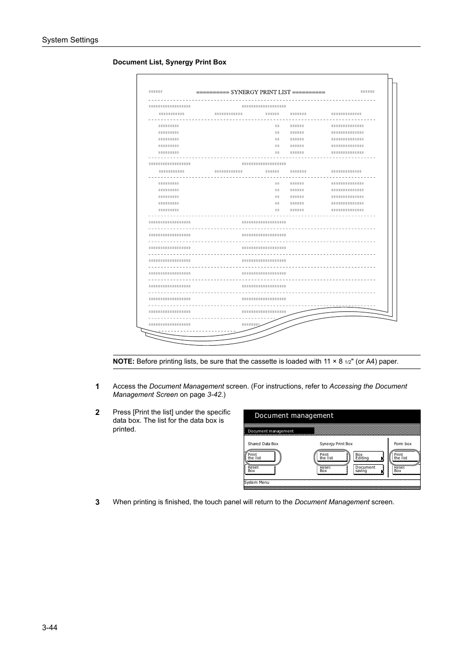 System settings 3-44, Or a4) paper, Document management | TA Triumph-Adler DC 2162 User Manual | Page 144 / 210