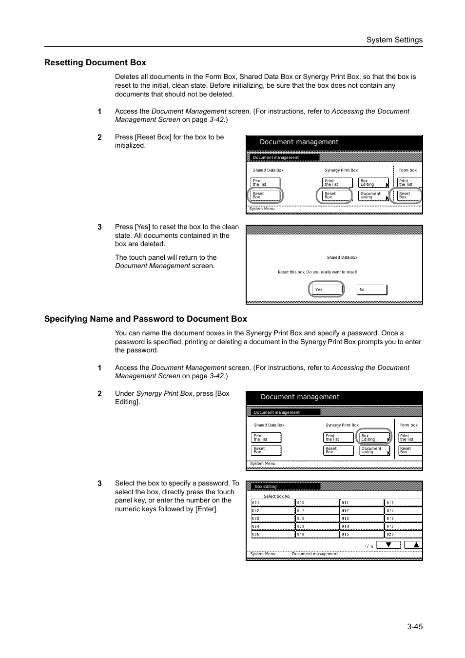 Resetting document box, Specifying name and password to document box, Resetting document box -45 | Specifying name and password to document box -45, System settings 3-45, Press [reset box] for the box to be initialized, Under synergy print box , press [box editing, Document management | TA Triumph-Adler DC 2162 User Manual | Page 145 / 210
