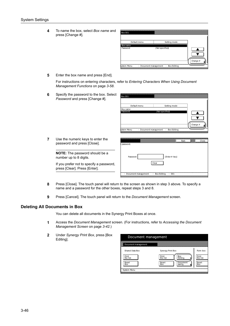 Deleting all documents in box, Deleting all documents in box -46, System settings 3-46 4 | Under synergy print box , press [box editing, Document management | TA Triumph-Adler DC 2162 User Manual | Page 146 / 210