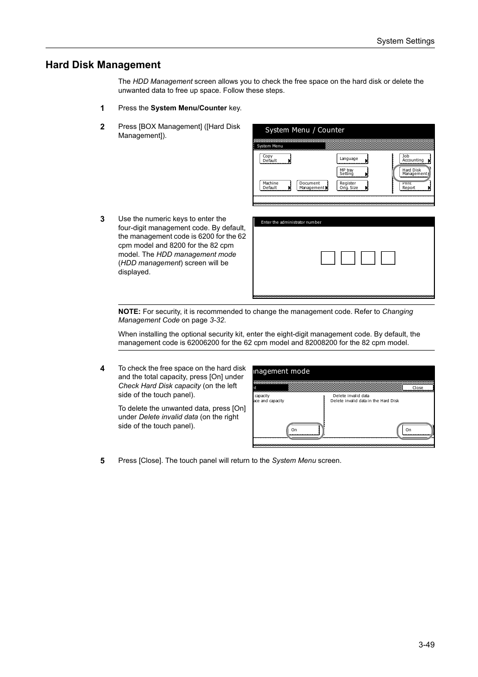 Hard disk management, Hard disk management -49, System settings 3-49 | TA Triumph-Adler DC 2162 User Manual | Page 149 / 210