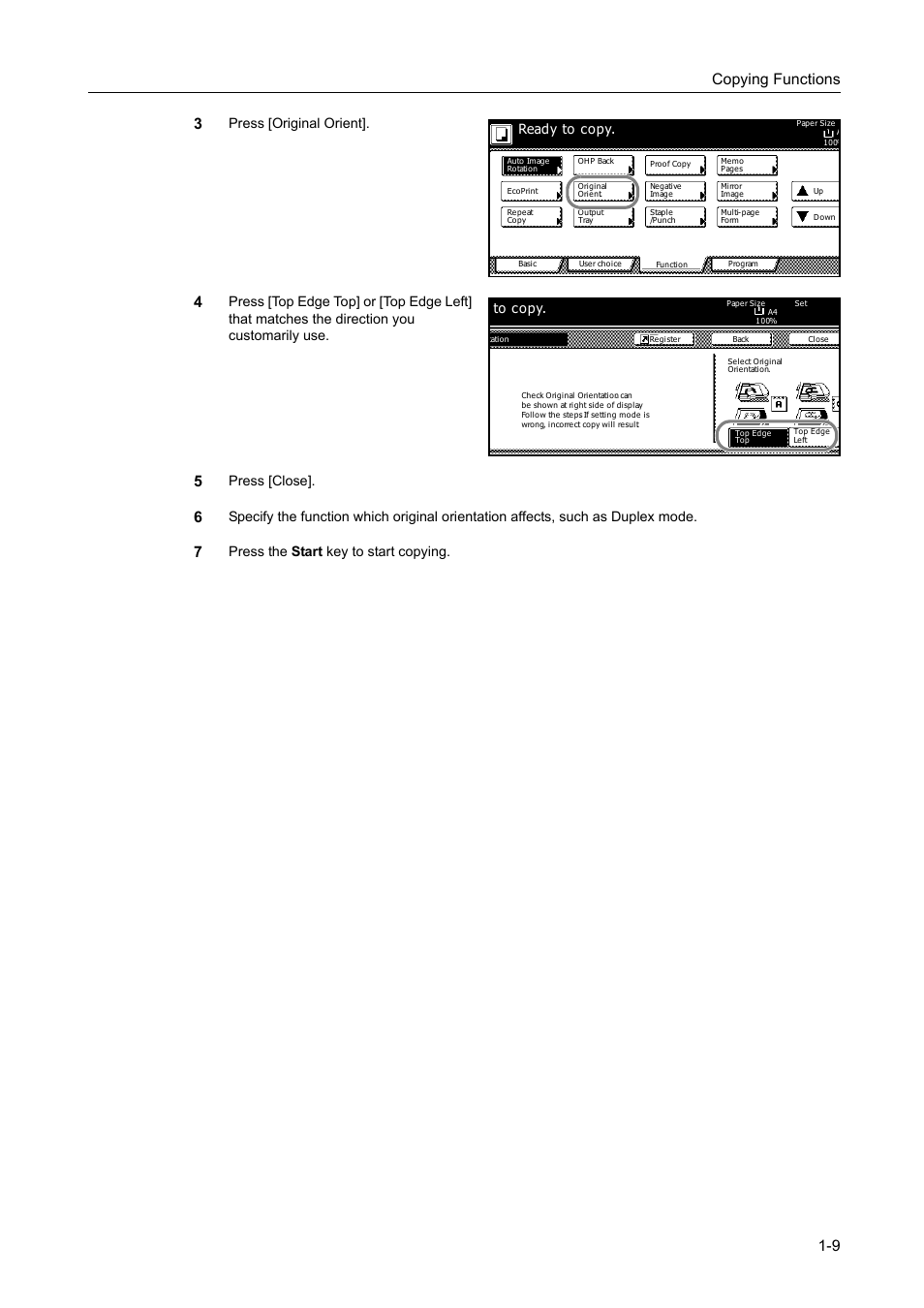 Copying functions 1-9 3, Press [original orient, Press [close | TA Triumph-Adler DC 2162 User Manual | Page 15 / 210