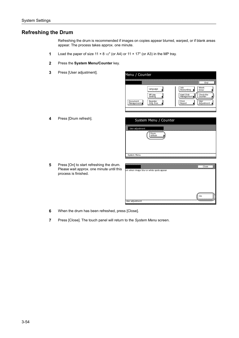 Refreshing the drum, Refreshing the drum -54, System settings 3-54 | TA Triumph-Adler DC 2162 User Manual | Page 154 / 210