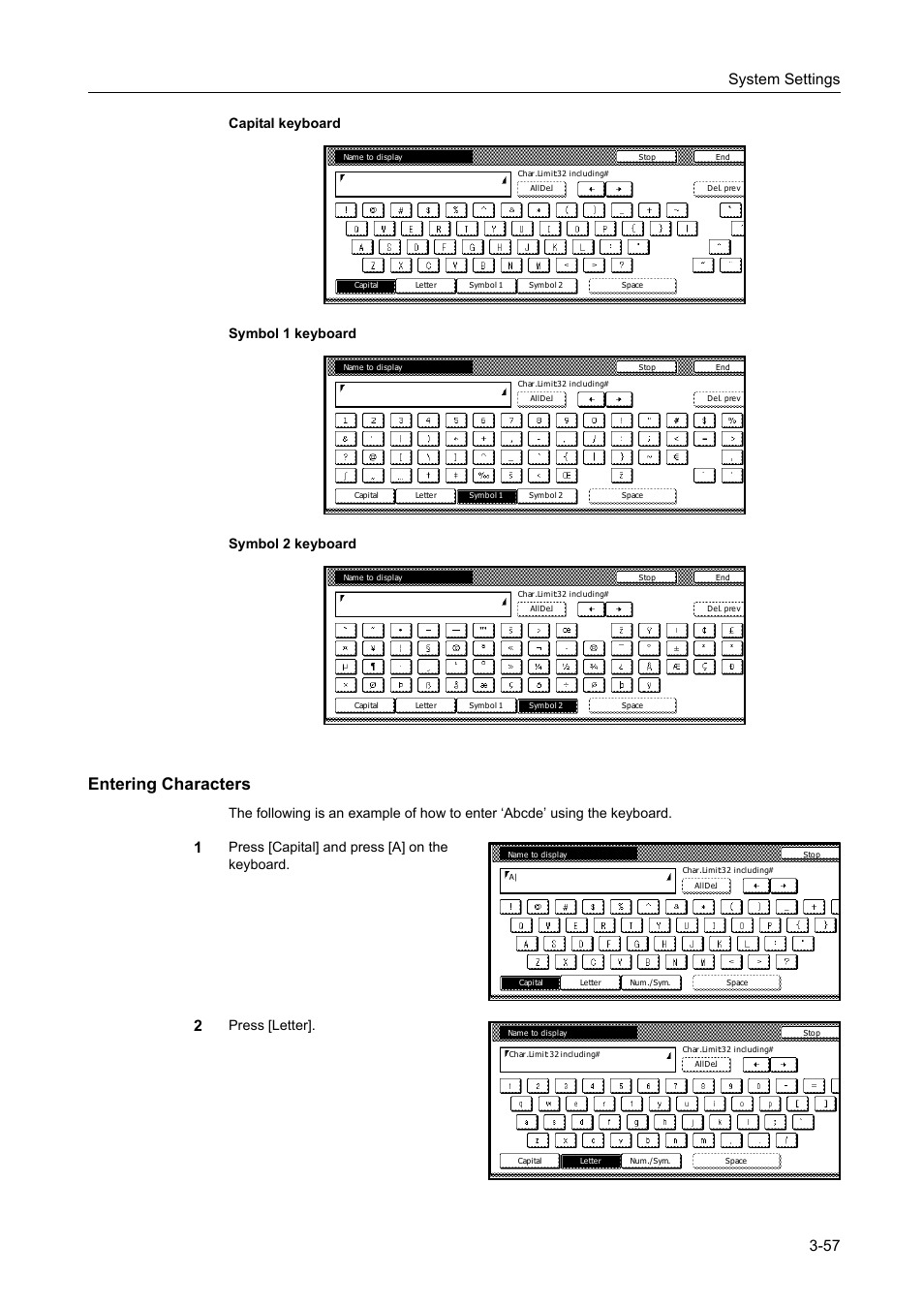 Entering characters, System settings 3-57, Press [capital] and press [a] on the keyboard | Press [letter | TA Triumph-Adler DC 2162 User Manual | Page 157 / 210