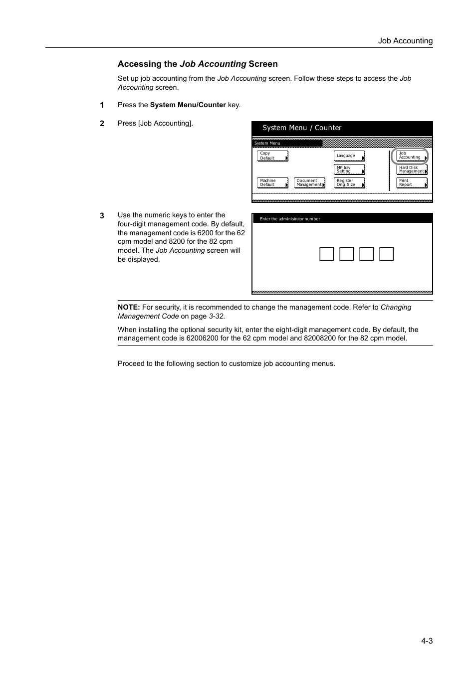 Accessing the job accounting screen, Job accounting 4-3 | TA Triumph-Adler DC 2162 User Manual | Page 163 / 210