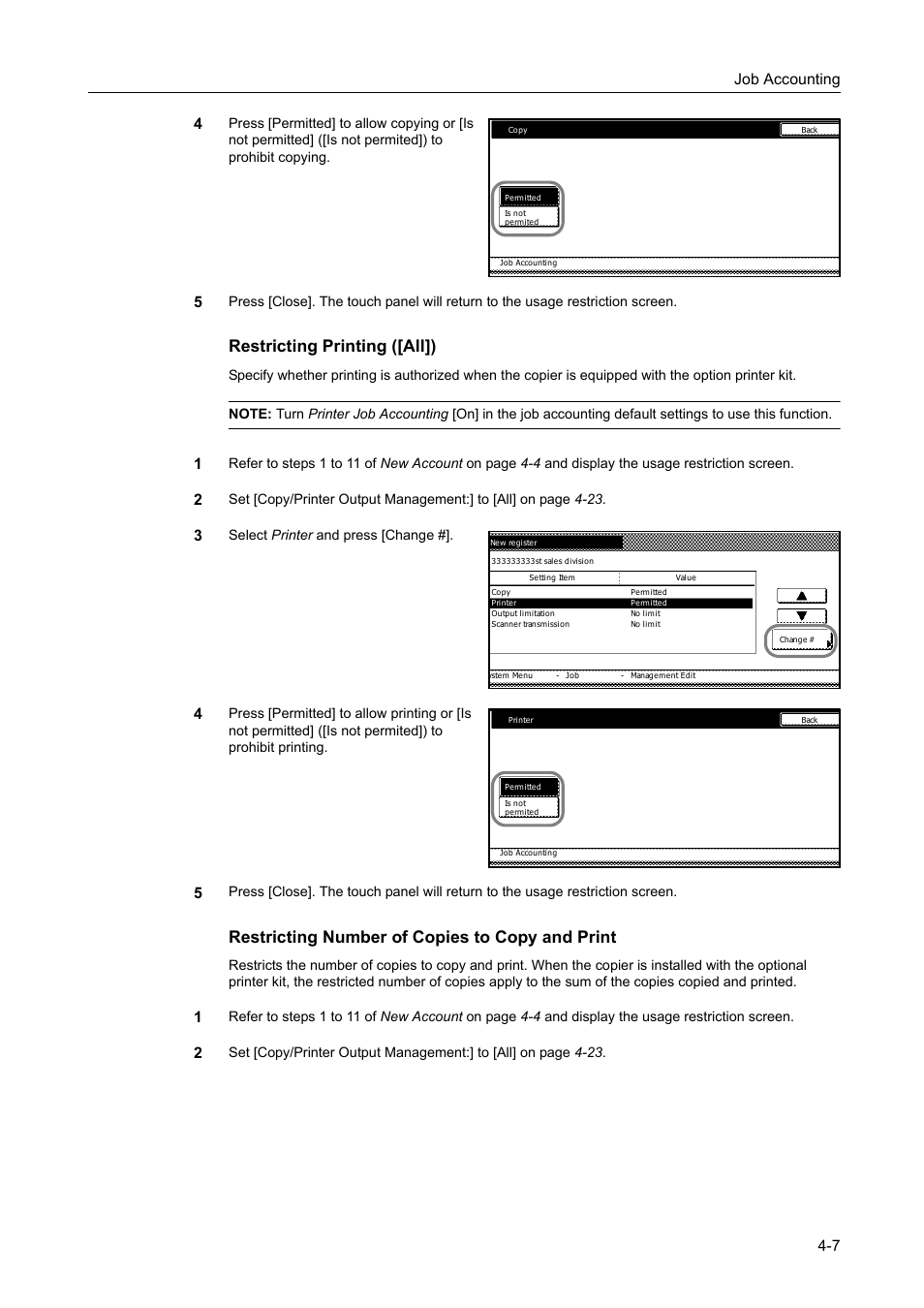 Restricting printing ([all]), Restricting number of copies to copy and print, Job accounting 4-7 4 | TA Triumph-Adler DC 2162 User Manual | Page 167 / 210